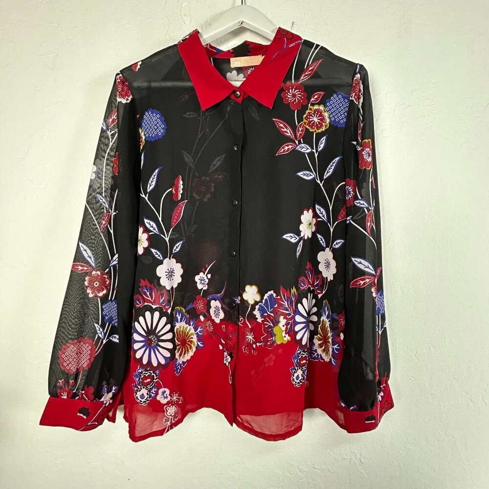 La Cera Womens Sheer Black Red Floral Long Sleeve Button-Down Shirt Blouse XL